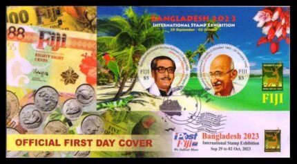 FIJI 2023 - Mahatma Gandhi and Mujibur Rehman, Bangladesh 2023 International Stamp Exhibition, MS on First Day Cover