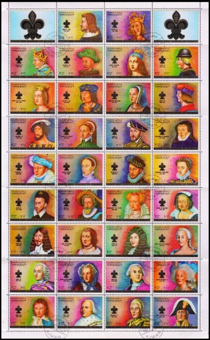 AJMAN STATE 1972 - King and Queen of France (1350-1848), Set of 34 Stamps, Cancelled
