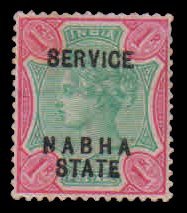 NABHA STATE 1897 - Stamp of INDIA , Queen Victoria, Overprint NABHA STATE, 1 Re., Green and Carmine, 1 Value Stamp, Mint Hinged, S.G. 020, Cat. 50 Pound