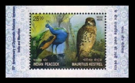 INDIA 2023 - India-Mauritius, Birds, Peacock and Kestrel, 75 Year of Diplomatic Relation, Miniature Sheet