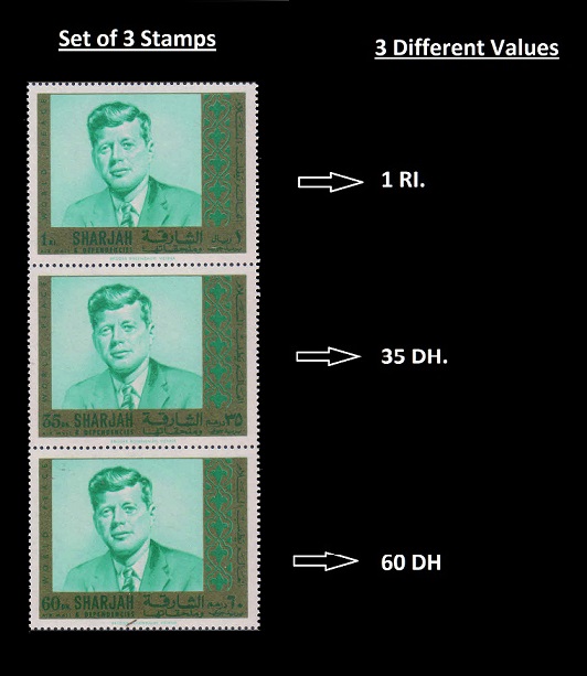 SHARJAH 1972-Pres. John Kennedy, America-Perf. Strip of 3 (35 dh-60 dh-1 RL)-MNH