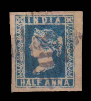 INDIA 1854 - Half Anna Blue, Lithograph Imperf Used Stamp, Four Side Margin, Good Condition
