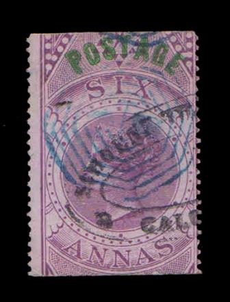 INDIA 1866-6 As Queen Victoria Foreign Bill Stamp, Cut Off at Top and Bottom and Overprinted -Postage, S.G. 66, Phila 64
