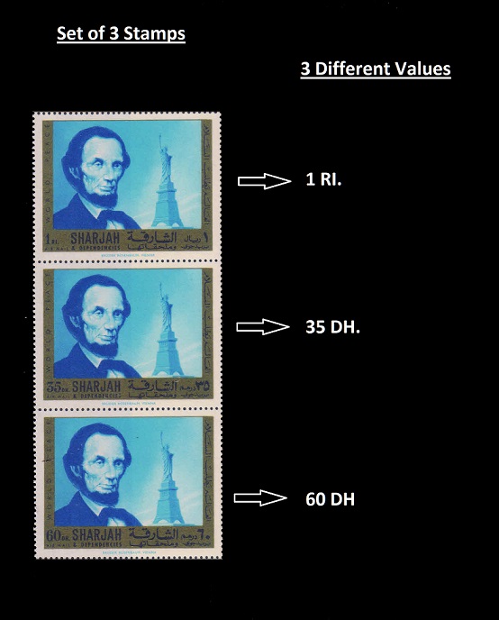 SHARJAH 1972-Lincoln & Statue of Liberty-America-Perf. Strip of 3 (35dh-60dh-1 RL)-MNH
