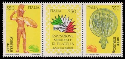 ITALY 1984-Etrusean Bronze of Warrior, Silver Backed Mirror, Int. Stamp Emblem, Set of 3, MNH, S.G. 1857-59-Cat £ 4.80