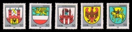 GERMANY EAST 1985 - Town Arms. Set of 5, MNH. S.G. E2644-E2648. Cat £ 5.50
