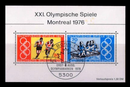 GERMANY WEST 1976 - Olympic Games, Montreal, Hockey, Rowing, Sheet of 2 Stamps, First Day Cancelled, MNH, S.G. MS1781, Cat £ 3.75