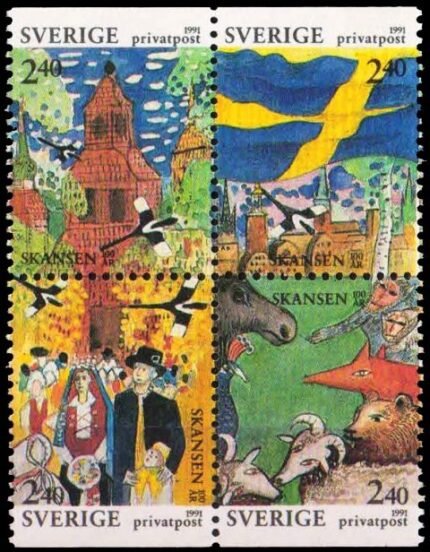 SWEDEN 1991-Centenary of Skansen Park, Rebate Stamps, Church, Set of 4, MNH, S.G. 1577-1580-Cat £ 6-
