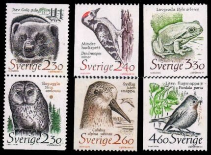 SWEDEN 1989 - Animals in Threatened Habitats. Owl. Wood Pecker. Tree Frog. Set of 6. MNH Stamp. S.G. 1431-36. Cat £ 14.00