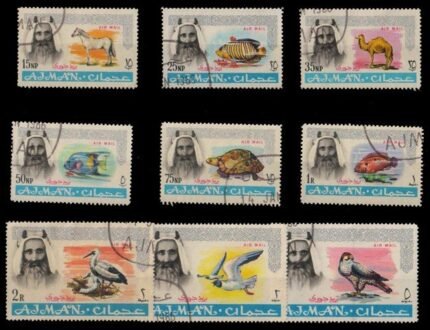 AJMAN 1965 - Shaikh Rashid Airmail Series, Fishes, Animal, Birds, Comp. Used Set of 9, S.G. 55-63, Cat. £ 12