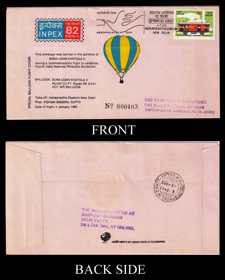 INDIA 1983 - Special Balloon Flight Cover, SONA-UDAN KHATOLA II, Hot Air Balloon, Take off Indraprastha Stadium New Delhi, Pilot Vishwa Bandhu Gupta