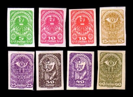 AUSTRIA 1919-20, Post Horn, Republican Arms, Set of 8 Stamps, Mint Hinged, Imperf