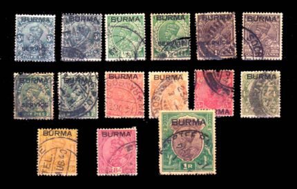 BURMA 1937 - 15 Different Used and Old Stamps, Stamps of India, King George V, Overprint BURMA