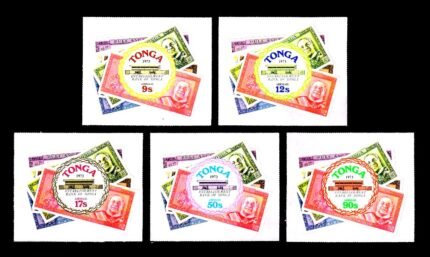TONGA 1973 - Bank of Tonga, Bank Notes, Set of 5, Odd Shaped Stamps, Self Adhesive, S.G. 444-448