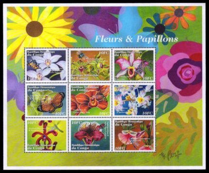CONGO DOMOCRATIC REPUBLIC 2002 - Orchid and Insects, Flowers, Miniature Sheet of 9 Stamps, MNH