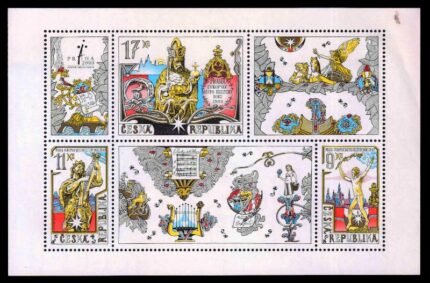 CZECH REPUBLIC 2000 - Prague, European City of Culture, Wooden Statue, Karlove Church, King Charles IV Statue, Miniature Sheet of 3 Stamps + 3 Labels, MNH, S.G. MS 261, Cat. £ 8.75