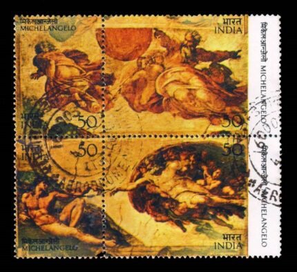 INDIA 1975 – 500th Birth Anniversary of Michelangelo Nude Paintings, Se-tenant Block of 4, Used Stamps, Italian Painter and Sculpture, S.G. 769-772