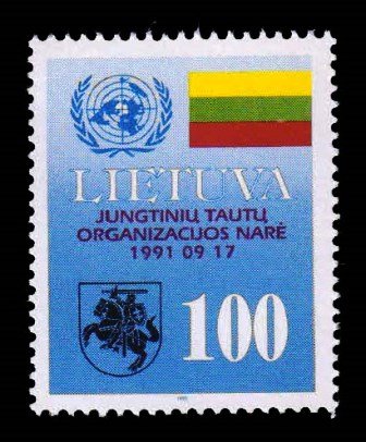 LITHUANIA 1992 - Admission to U.N.O. National Flag, 1 Value Stamp, MNH, S.G. 500