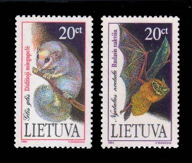 LITHUANIA 1994 - Mammals-Common Bat and Fat Dormouse, Set of 2 Stamps, MNH, S.G. 572-573