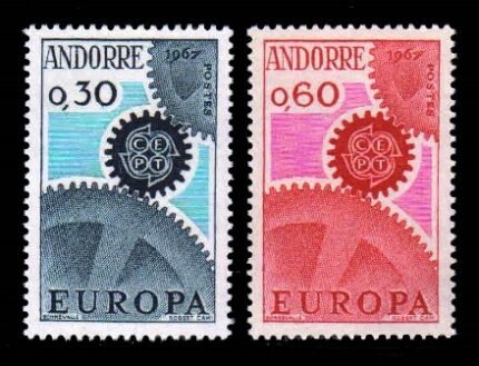 ANDORRA (FRENCH) 1967 - EUROPA, Cogwheels, Set of 2 Stamps, MNH, S.G. F199-F200, Cat. £ 15