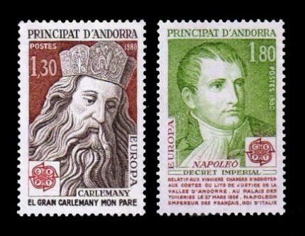 ANDORRA (FRENCH) 1980 - EUROPA, Charlemagne and Nepolean, Set of 2 Stamps, MNH, Cat. £ 9.50