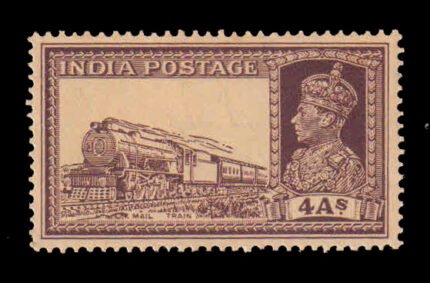 INDIA 1937 - Mail Train Locomotive, King George VI, 4As., Brown, 1 Value Stamp, MNH, S.G. 255, Cat. £ 13