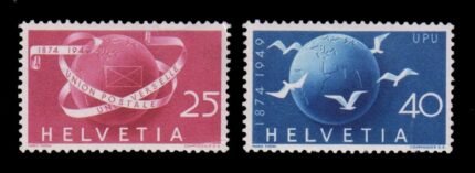 SWITZERLAND 1949 - Universal Postal Union, Globe, Ribbon and Pigeons, Set of 2 Stamps, Mint Hinged, S.G. 504-505