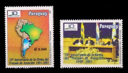 PARAGUAY 2001 - Map of South America, 10th Anniversary of Asuncion Treaty, Co-Operation Flags, Set of 2 Stamps, MNH, S.G. 1619-1620, Cat. £ 5
