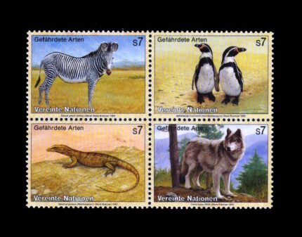 UNITED NATIONS (VIENNA) 1993 - Endangered Species, Zebra, Wolf, Penguin, Monitor, Se-tenant Block of 4 Stamps, MNH, S.G. V142-V145, Cat. £ 6