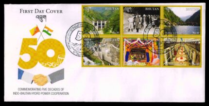 BHUTAN 2019 - Five Decades of India Bhutan Hydro Power Co-Operation, Narendra Modi, Flag, Set of 6 Stamps on First Day Cover