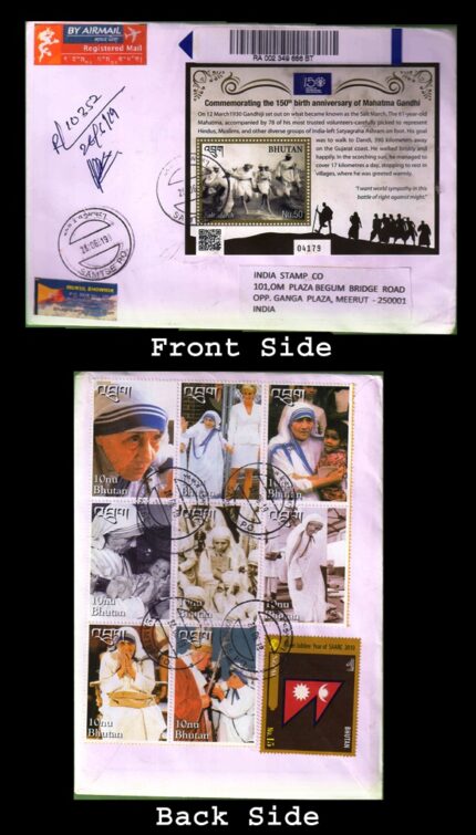 BHUTAN 26-6-2019, Commercially Used Airmail Envelope, Mahatma Gandhi Souvenir Sheet and Mother Teresa Stamps, Bhutan to India