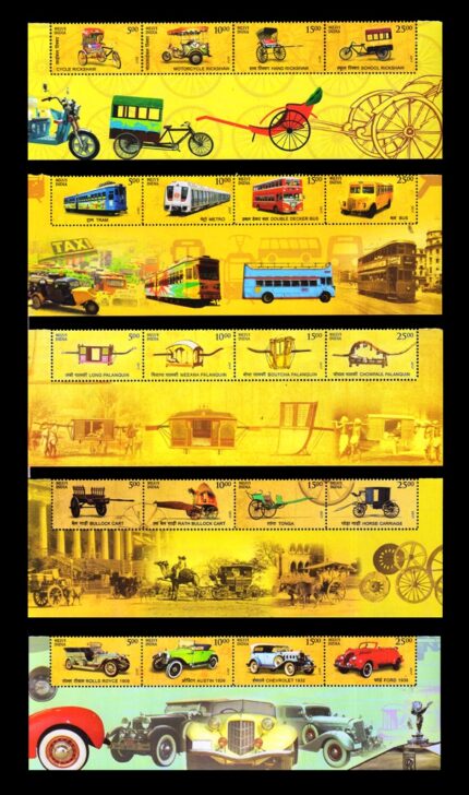 INDIA 2017 - Means of Transport Through the Ages, Se-tenant 5 Strips with Lower Side Sheetlet Margin, Complete Set of 20 Stamps