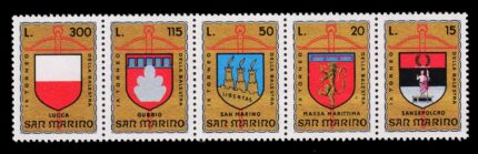 SANMARINO 1974 - 9th Crossbow Tournament, Arms, Strip of 5 Stamps, MNH, S.G. 1005-1009