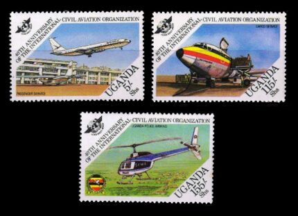 UGANDA 1984 - Aircrafts, Cargo Plane, Helicopter, Set of 3 Stamps, MNH, S.G. 447-449, Cat. £ 4