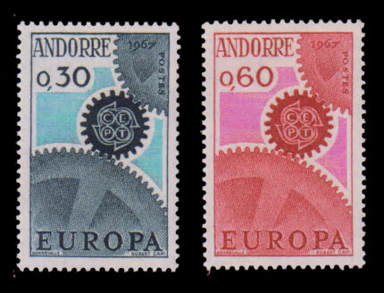 ANDORRA (FRENCH) 1967 - EUROPA, Cog Wheels, Set of 2 Stamps, MNH, Cat. £ 15