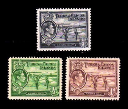 TURKS AND CAICOS ISLANDS 1938 – King George VI, Salt Raking, Set of 3 Stamps, MNH, S.G. 194-196