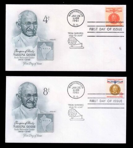UNITED STATES OF AMERICA 1961 - Mahatma Gandhi, Champion of Liberty, Set of 2 First Day Covers with Charkha Cancellation, Very Fine