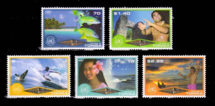 TONGA 2002 - UN Year of ECO Tourism, Surfer and Wheel, Fish and Beach, Set of 5 Stamps, MNH, S.G. 1513-1517