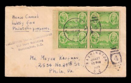 UNITED STATES OF AMERICA 1937 - George Washington, Nathanael Greene and Mount Vernon, Army Issue, Used Block of 4 on Cover, S.G. 750, Dated 21-Jan-1937