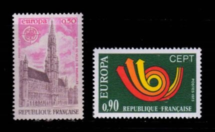 FRANCE 1973 - EUROPA Post Horn, Town Hall, Brussels, Set of 2 Stamps, MNH, S.G. 2000-2001, Cat. £ 3.60