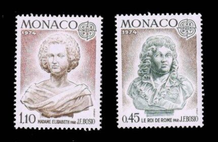 MONACO 1974 - EUROPA, Sculpture, King of Rome Madame Elizabeth, Set of 2 Stamps, MNH, S.G. 1123-1124, Cat. £ 7.75