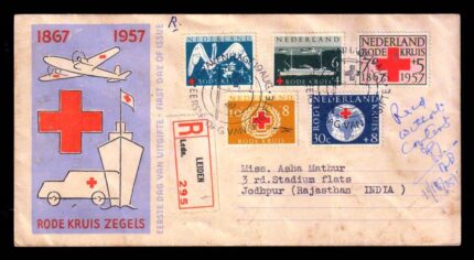 NETHERLAND 1957 - Red Cross Society, Commercial Used First Day Cover, Set of 5 Stamps, Holland to Jodhpur (India), S.G. 850-854