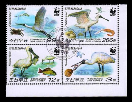 NORTH KOREA 2009 - Endangered Species, Spoonbill, Bird, Block of 4 Stamps, Thematic Cancellation, WWF, S.G. N4881b-e, Cat. £ 6
