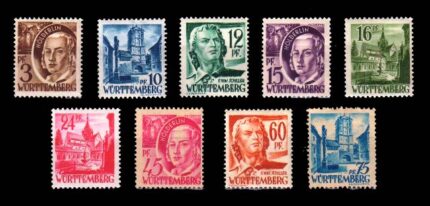 WURTTERMERG 1947 - Wangen Gate, Monestery, Schiller, 9 Different Mint Stamps, S.G. FW2-FW11