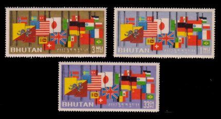 BHUTAN 1964 - President Kennedy Commemoration, Flags at Half Mast, Indian Flag, Complete Set of 3, MNH, S.G. 34-36, Cat. £ 3