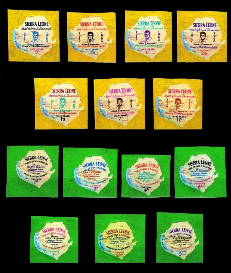SIERRA LEONE 1964- John F. Kennedy, Complete Set Of 14 Stamps, Odd Map-Shaped, Self Adhesive, S.G. 299-312