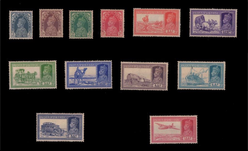 INDIA 1937- King George VI, Transport Series (3Ps To 12As) Set Of 12 Stamps, Mint Hinged, S.G. 247-258