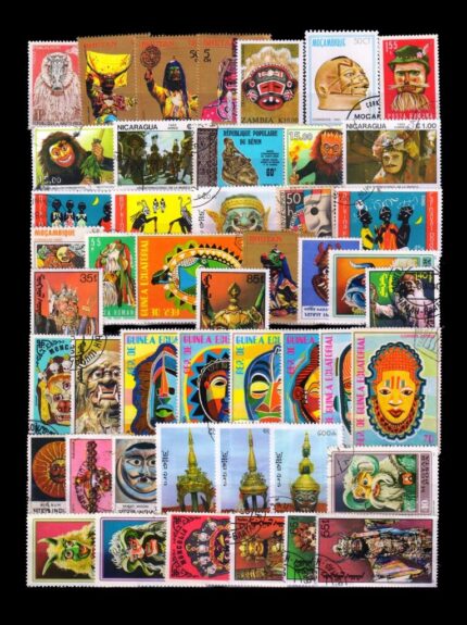 MASKS ON STAMPS, 46 All Different Worldwide Stamps, Large