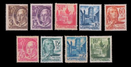 Wurttemberg 1947- Monastery Schiller 9 Different Mint Stamps, S.G. FW2-FW11